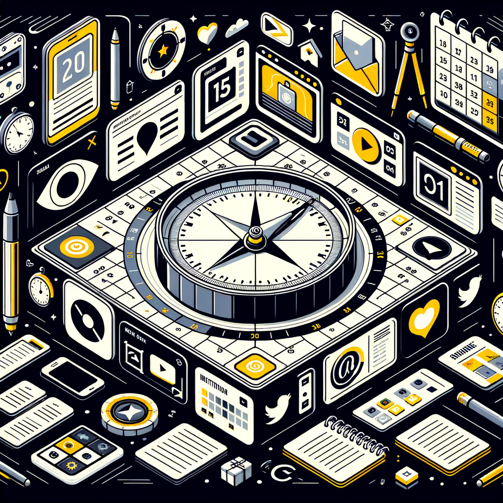 Una ilustración de un calendario digital con íconos de redes sociales y tipos de contenido como imágenes y videos, simbolizando un calendario de contenido bien planificado para redes sociales, con elementos como una brújula y notas organizadas.