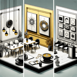 Una ilustración de tres lugares distintos: un café, una galería de arte y una sala de conferencias, cada uno simbolizando Facebook, Instagram y LinkedIn como opciones para la estrategia de redes sociales de negocios, con elementos como tazas de café, marcos de arte y un podio.