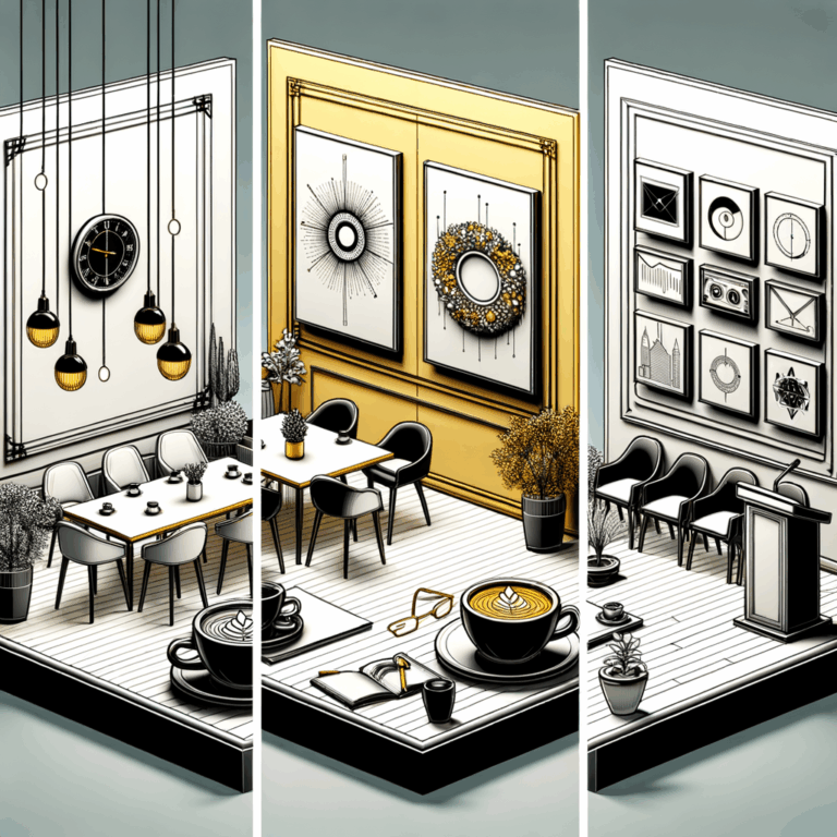Una ilustración de tres lugares distintos: un café, una galería de arte y una sala de conferencias, cada uno simbolizando Facebook, Instagram y LinkedIn como opciones para la estrategia de redes sociales de negocios, con elementos como tazas de café, marcos de arte y un podio.
