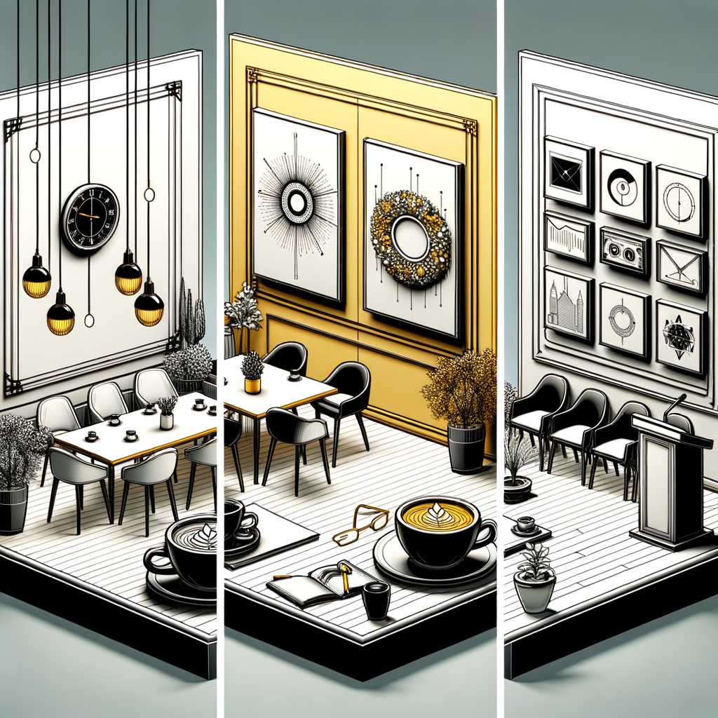 Una ilustración de tres lugares distintos: un café, una galería de arte y una sala de conferencias, cada uno simbolizando Facebook, Instagram y LinkedIn como opciones para la estrategia de redes sociales de negocios, con elementos como tazas de café, marcos de arte y un podio.