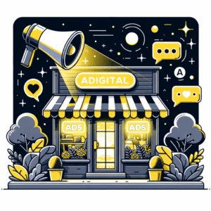 Una ilustración de una tienda digital con luces de neón brillantes y un interior acogedor, simbolizando el equilibrio entre la publicidad en redes sociales y el contenido orgánico, con elementos como un megáfono para anuncios y una burbuja de conversación para el compromiso orgánico.