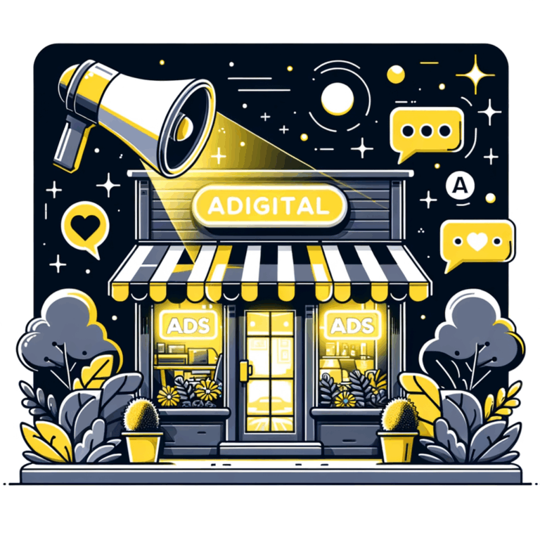 Una ilustración de una tienda digital con luces de neón brillantes y un interior acogedor, simbolizando el equilibrio entre la publicidad en redes sociales y el contenido orgánico, con elementos como un megáfono para anuncios y una burbuja de conversación para el compromiso orgánico.