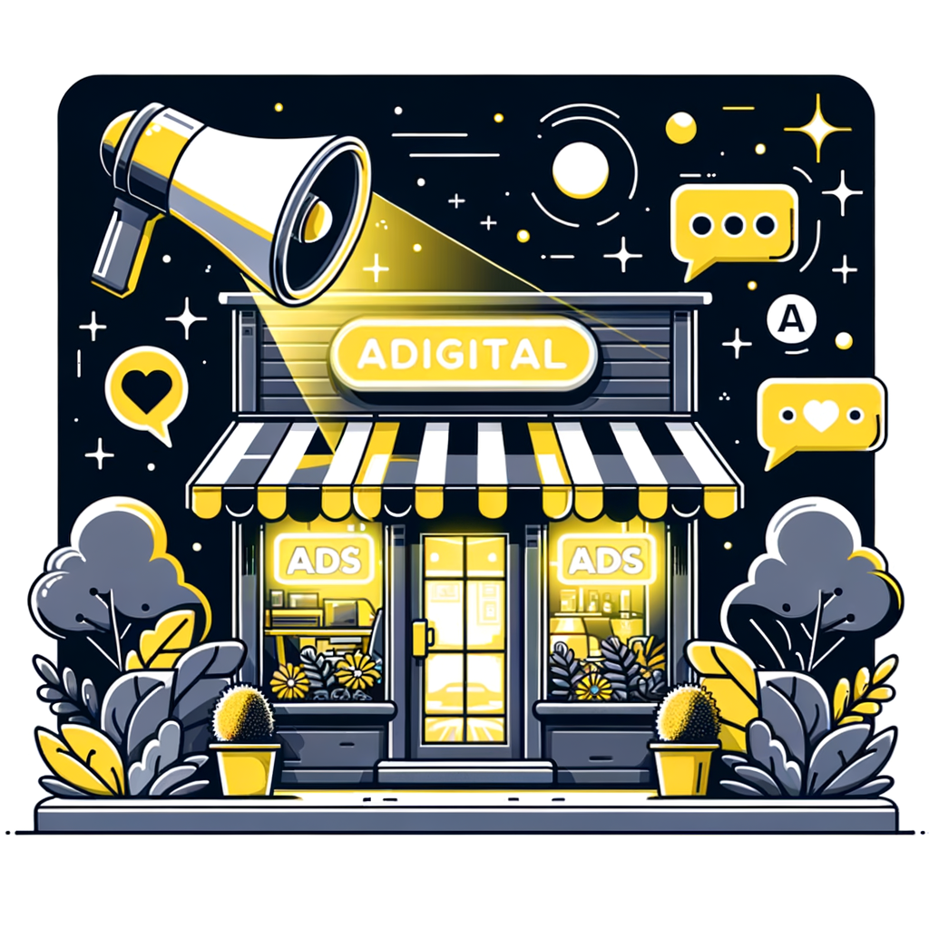 Una ilustración de una tienda digital con luces de neón brillantes y un interior acogedor, simbolizando el equilibrio entre la publicidad en redes sociales y el contenido orgánico, con elementos como un megáfono para anuncios y una burbuja de conversación para el compromiso orgánico.