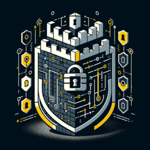 Una ilustración de una fortaleza digital con capas de escudos de seguridad, simbolizando la robustez de la seguridad en el desarrollo de software a medida, con elementos como un candado y líneas de código.