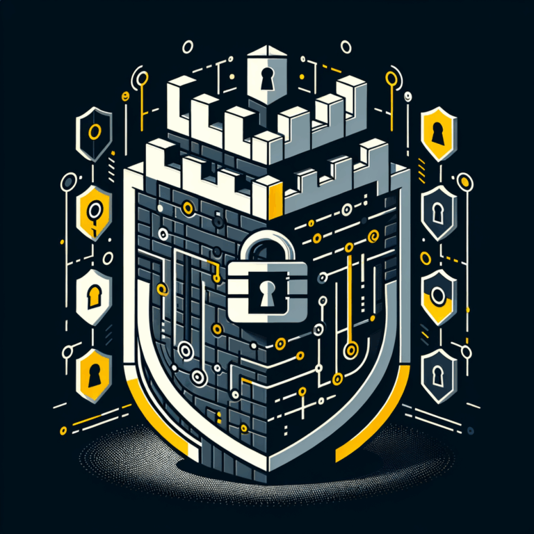 Una ilustración de una fortaleza digital con capas de escudos de seguridad, simbolizando la robustez de la seguridad en el desarrollo de software a medida, con elementos como un candado y líneas de código.