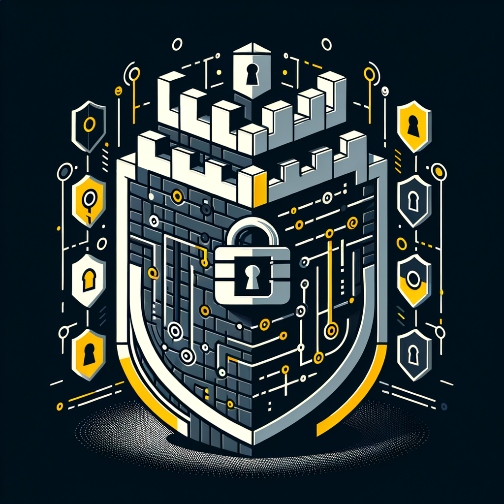 Una ilustración de una fortaleza digital con capas de escudos de seguridad, simbolizando la robustez de la seguridad en el desarrollo de software a medida, con elementos como un candado y líneas de código.
