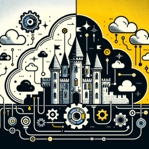 Una ilustración de una nube y un castillo, simbolizando la elección entre software a medida en la nube y local, con elementos como engranajes digitales y líneas de conectividad.