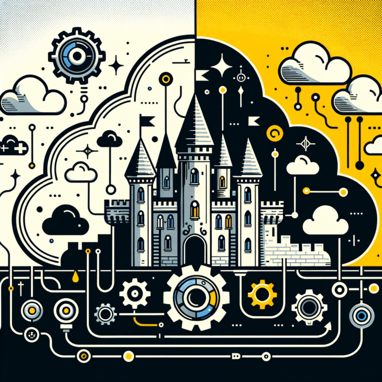 Una ilustración de una nube y un castillo, simbolizando la elección entre software a medida en la nube y local, con elementos como engranajes digitales y líneas de conectividad.