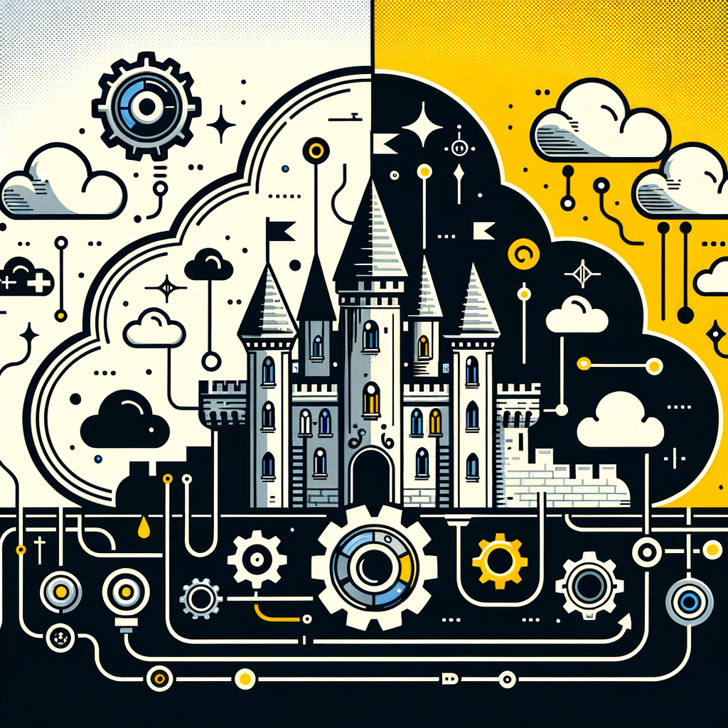 Una ilustración de una nube y un castillo, simbolizando la elección entre software a medida en la nube y local, con elementos como engranajes digitales y líneas de conectividad.