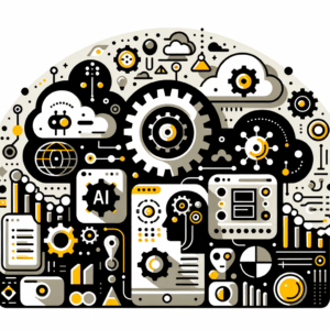 Una ilustración de un paisaje digital futurista con íconos de inteligencia artificial y aprendizaje automático, junto a una plataforma de bajo código, simbolizando las tendencias en desarrollo de software para 2025, con elementos como engranajes y interfaces adaptativas.