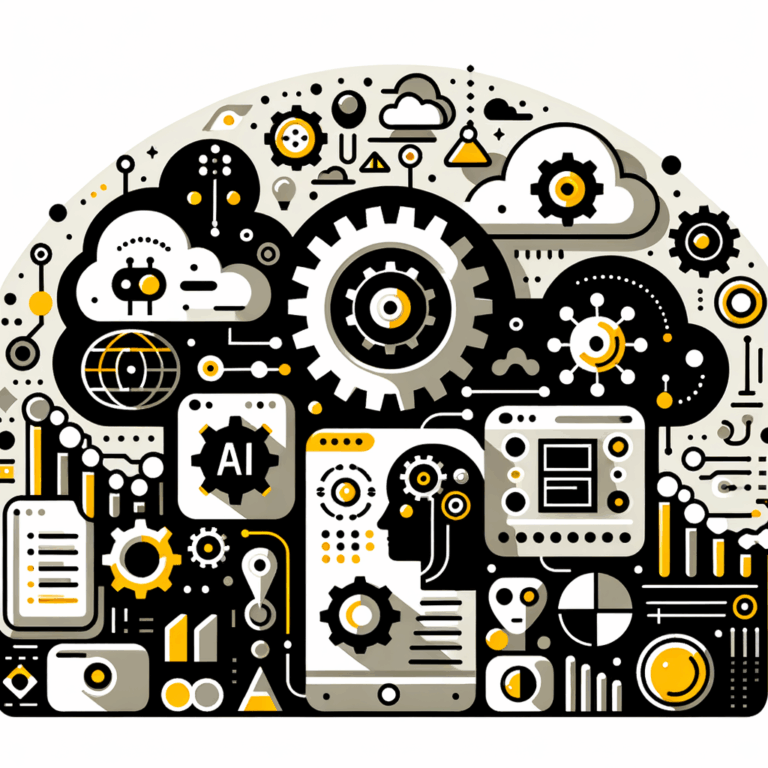 Una ilustración de un paisaje digital futurista con íconos de inteligencia artificial y aprendizaje automático, junto a una plataforma de bajo código, simbolizando las tendencias en desarrollo de software para 2025, con elementos como engranajes y interfaces adaptativas.