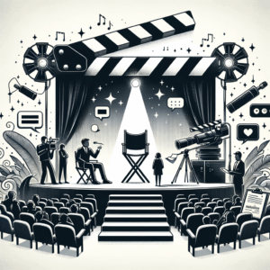 Una ilustración de un set de filmación con una silla de director y un actor en el escenario, simbolizando los distintos roles de un Social Media Manager y un Community Manager, con elementos como un guion y burbujas de interacción.