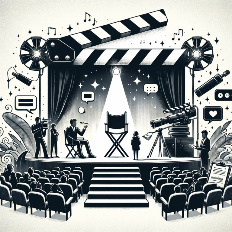 Una ilustración de un set de filmación con una silla de director y un actor en el escenario, simbolizando los distintos roles de un Social Media Manager y un Community Manager, con elementos como un guion y burbujas de interacción.