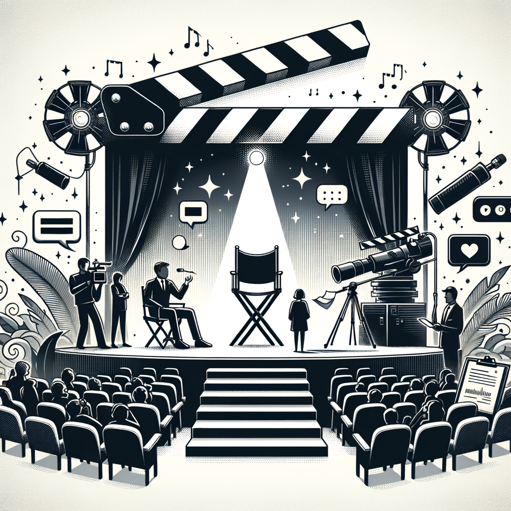 Una ilustración de un set de filmación con una silla de director y un actor en el escenario, simbolizando los distintos roles de un Social Media Manager y un Community Manager, con elementos como un guion y burbujas de interacción.