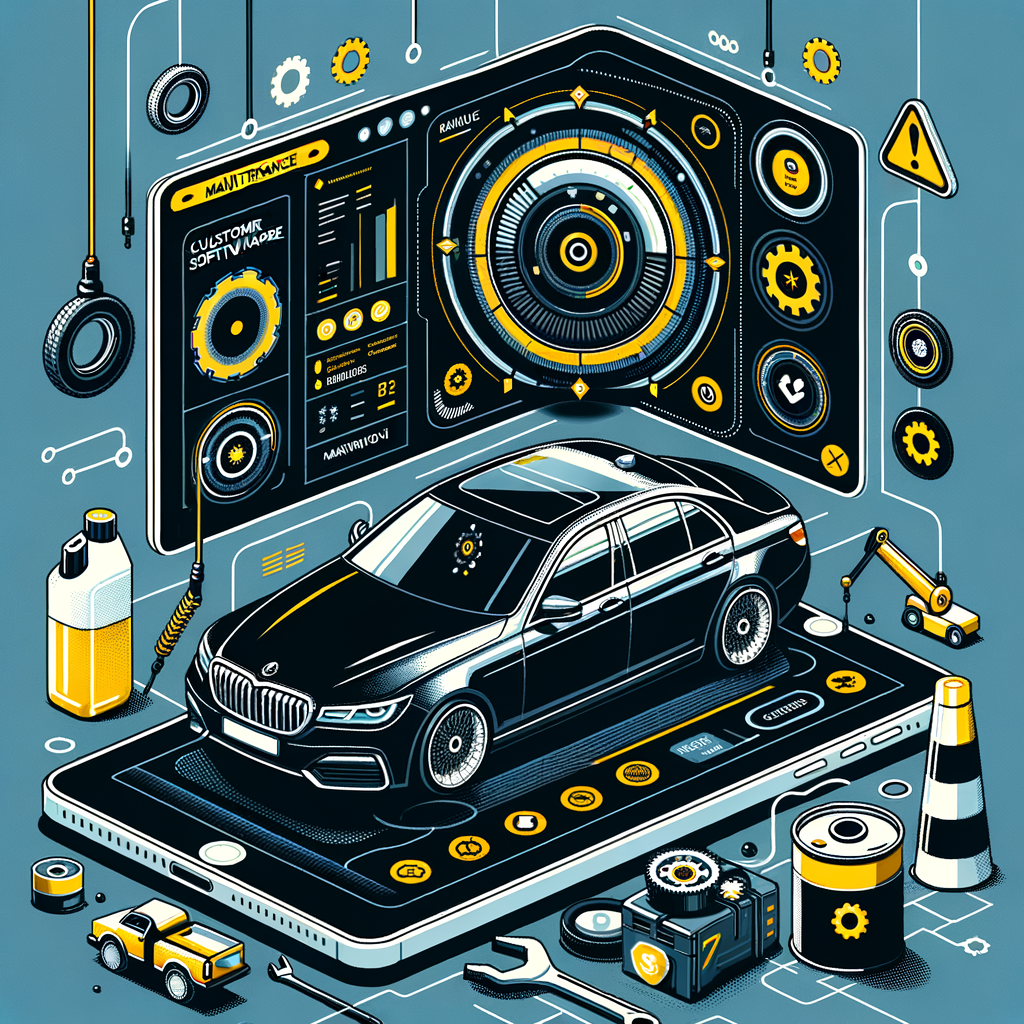 Una ilustración de un coche de lujo con un tablero digital que muestra alertas de mantenimiento, simbolizando la importancia del mantenimiento del software a medida, con elementos como engranajes y latas de aceite.