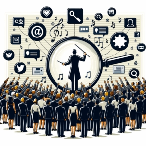 Una ilustración de una orquesta digital con un director afinando íconos de redes sociales, simbolizando la optimización de perfiles de negocios en redes sociales, con elementos como una lupa y insignias de perfil.