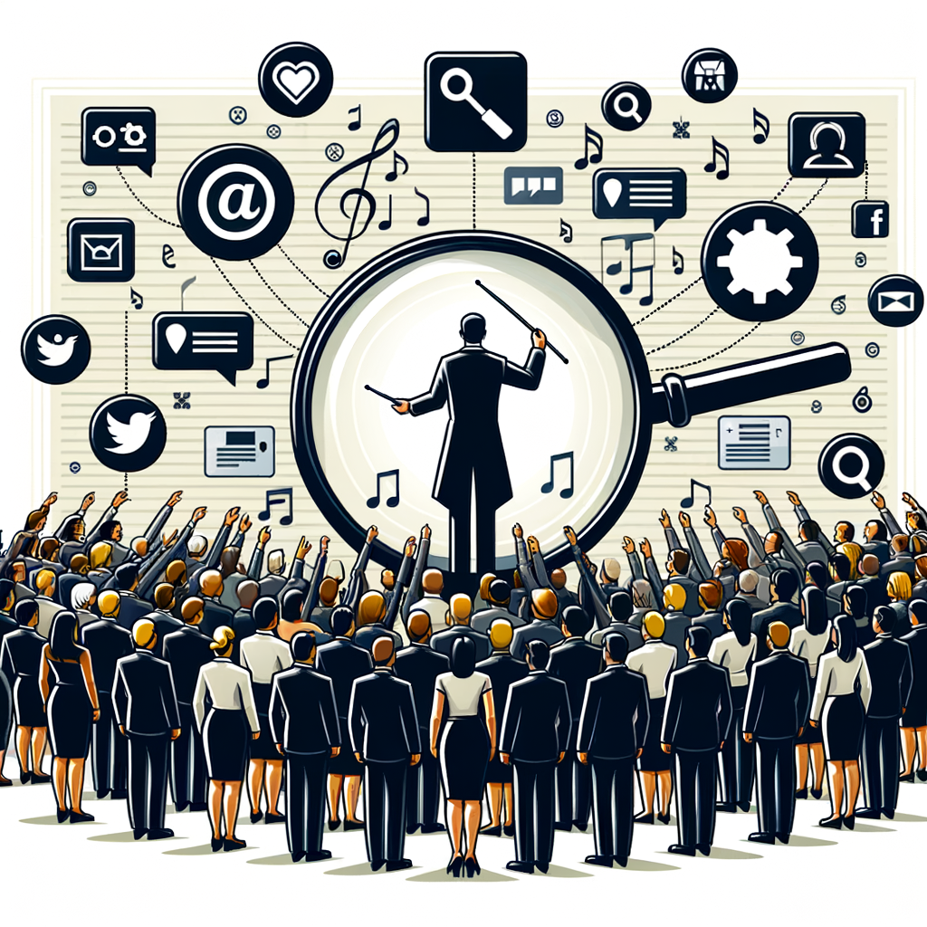 Una ilustración de una orquesta digital con un director afinando íconos de redes sociales, simbolizando la optimización de perfiles de negocios en redes sociales, con elementos como una lupa y insignias de perfil.