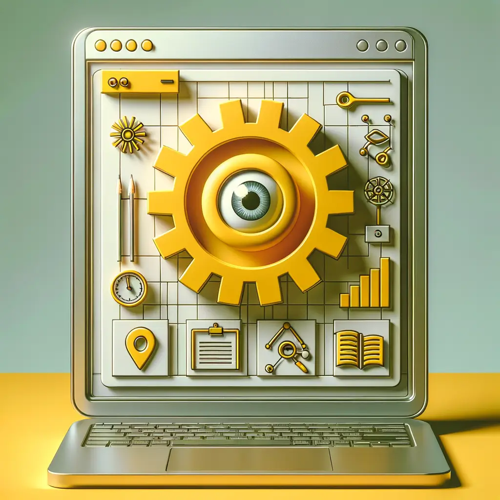 Una ilustración de una caja de herramientas digital con íconos de software personalizables y engranajes de automatización, simbolizando el desarrollo de software adaptado a los procesos de trabajo.