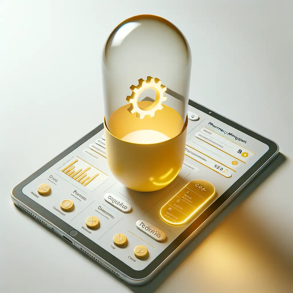 Una ilustración de una interfaz digital de farmacia con frascos de pastillas, un gráfico de control de stock y un ícono de receta, simbolizando la gestión integral de farmacias.