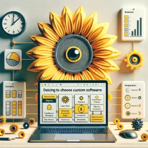 Portátil con tablero minimal y engranaje amarillo con ojo central sobre fondo claro, orientado a Estrategia.