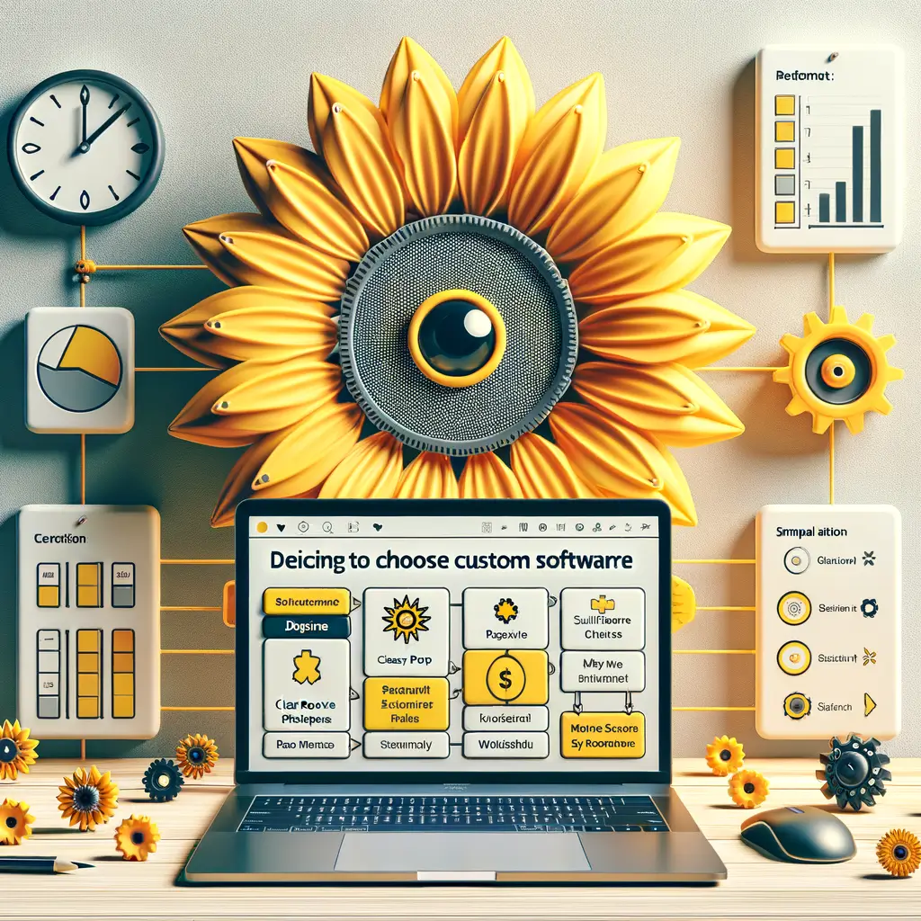Portátil con tablero minimal y engranaje amarillo con ojo central sobre fondo claro, orientado a Estrategia.
