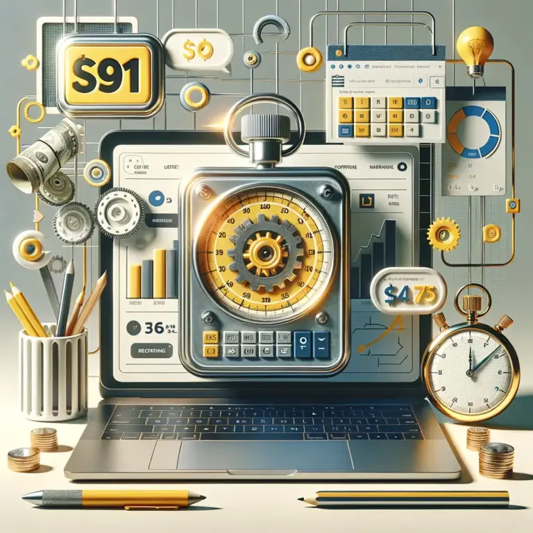 Coste representado con portátil y dial de caja fuerte amarillo, gráficos de precios, monedas y cronómetro sobre escritorio.