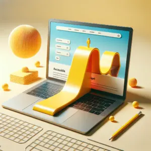 Portátil con una web limpia y rampa amarilla emergiendo de la pantalla, símbolo de Accesibilidad y acceso fluido.