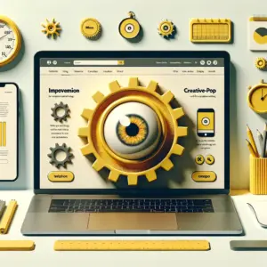 Portátil con web limpia y responsive; engranaje amarillo con ojo alineado al CTA, enfoque en UX/UI para pymes.