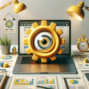 General diseño web en portátil con sitio limpio; engranaje amarillo con ojo y cronómetro detrás, enfoque en conversiones.