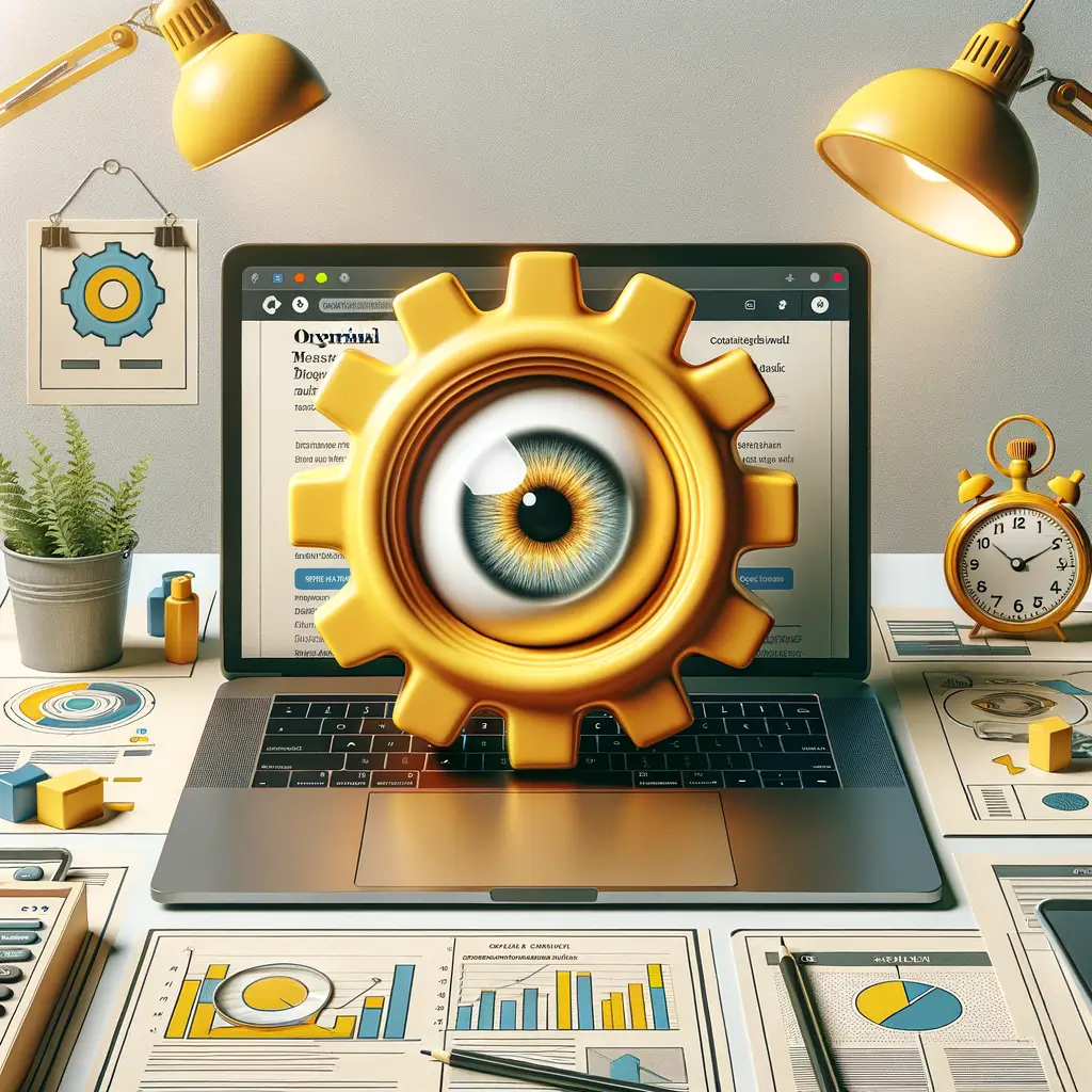 General diseño web en portátil con sitio limpio; engranaje amarillo con ojo y cronómetro detrás, enfoque en conversiones.