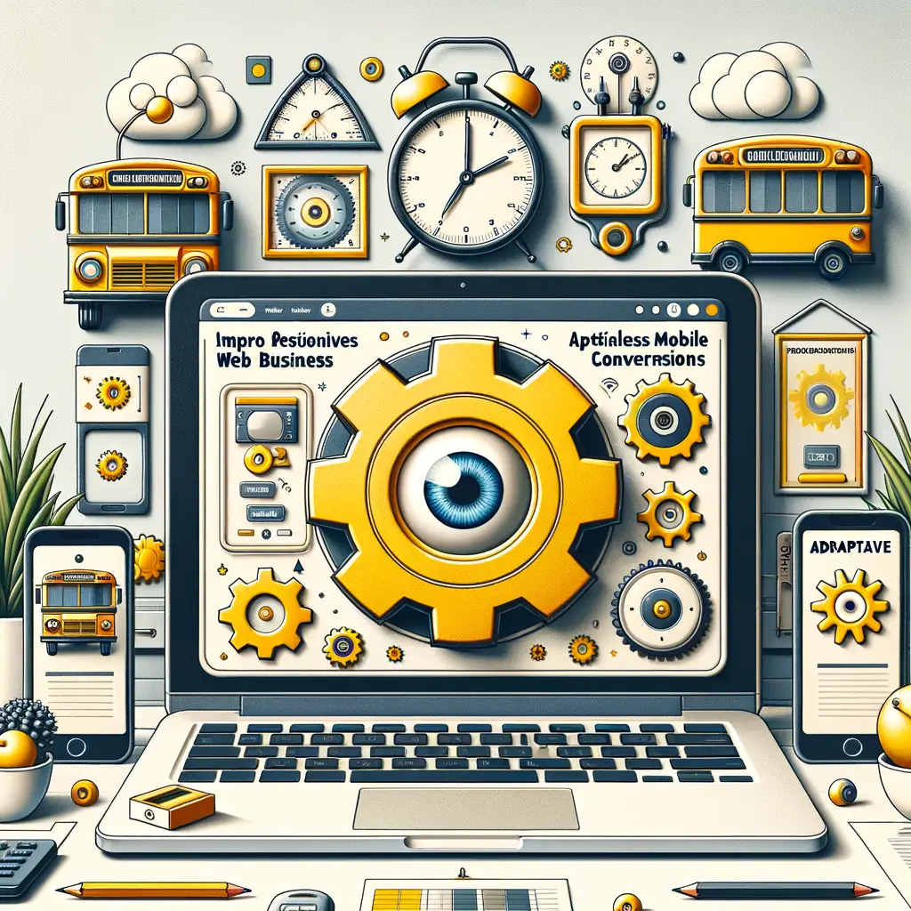 Portátil con interfaz limpia y engranaje amarillo con ojo en pantalla; cronómetro sutil y móviles, diseño Responsive.