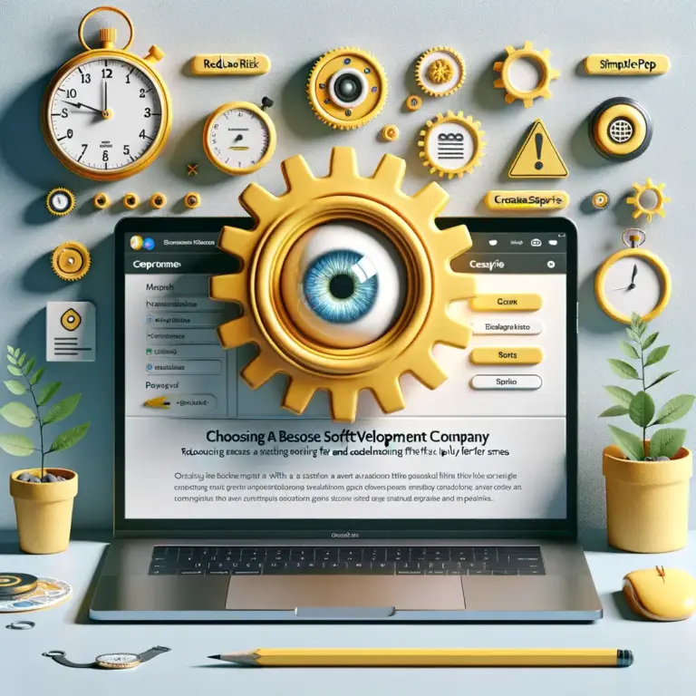 Portátil con panel limpio y gran engranaje amarillo con ojo central; relojes y engranajes alrededor sobre Proveedores.