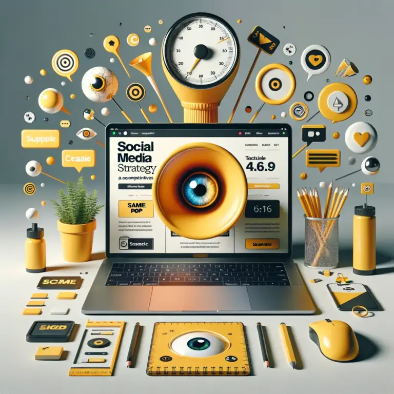Estrategia de redes sociales con portátil y megáfono amarillo con ojo sobre fondo claro