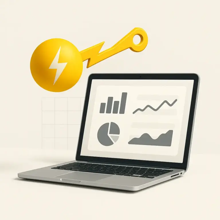Portátil con panel de métricas y tres gráficas; esfera amarilla con rayo-llave, fondo claro. Estrategia