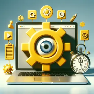 Portátil con web limpia y engranaje amarillo con ojo; cronómetro sutil en estudio, concepto de Externalización.