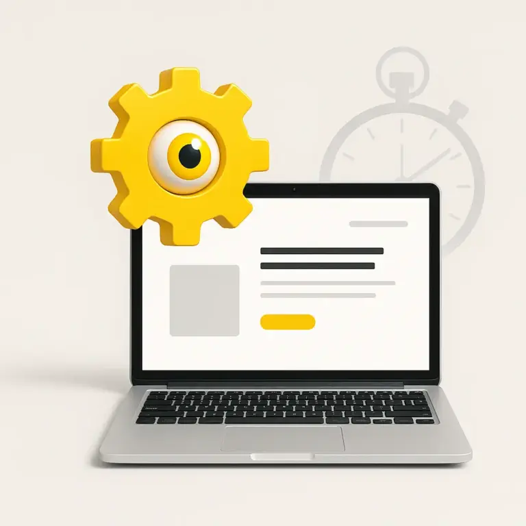 Portátil con web limpia y engranaje amarillo con ojo; cronómetro tenue detrás, ilustrando el Proceso.