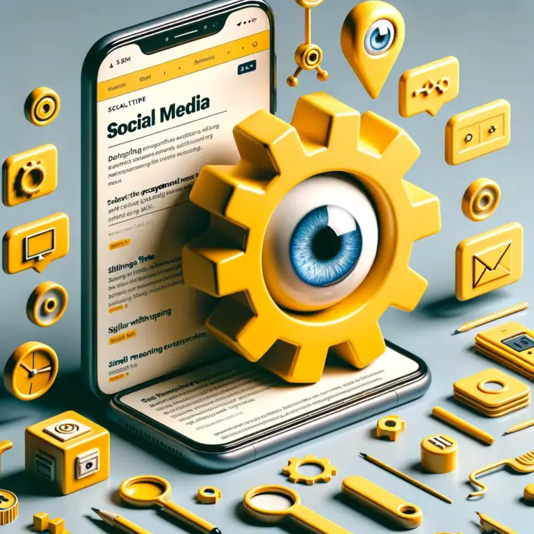 Consejos en redes: smartphone con web abierta y engranaje amarillo con ojo, rodeado de iconos 3D sobre fondo claro.
