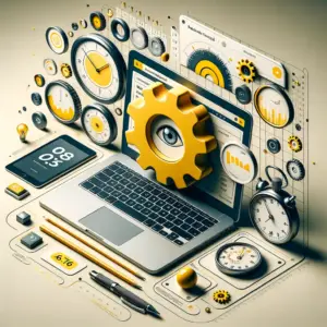 Portátil con paneles de analítica y engranaje amarillo con ojo, rodeado de relojes y cronómetro; Herramientas para pymes.