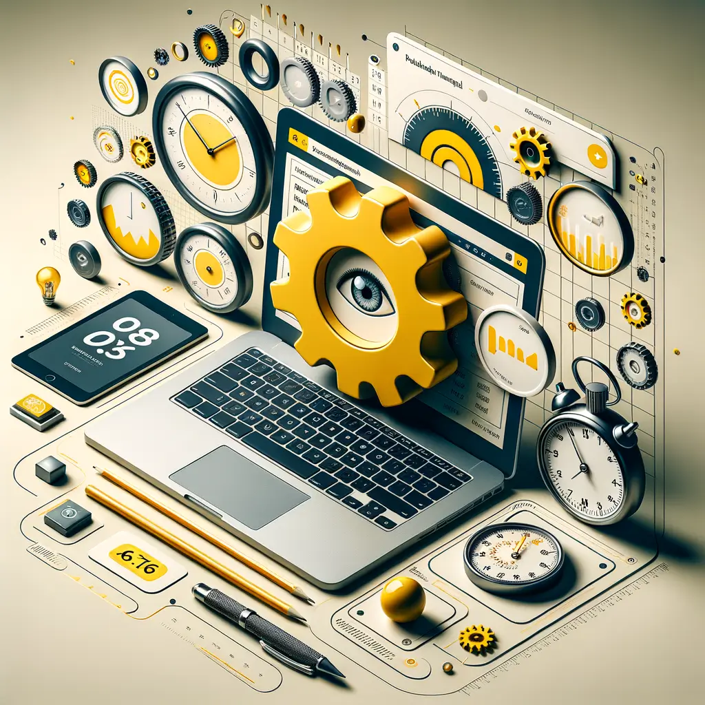 Portátil con paneles de analítica y engranaje amarillo con ojo, rodeado de relojes y cronómetro; Herramientas para pymes.