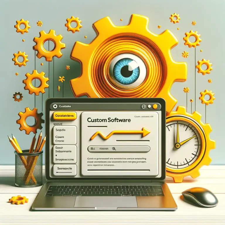 Conceptos básicos: portátil con panel, engranaje amarillo con ojo y cronómetro; software a medida para pymes