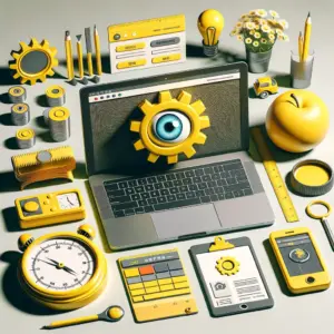 Rediseño web en portátil con engranaje amarillo y ojo central, rodeado de herramientas y cronómetro sobre fondo claro.