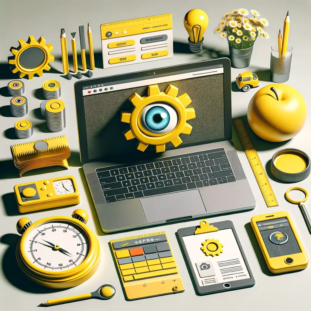 Rediseño web en portátil con engranaje amarillo y ojo central, rodeado de herramientas y cronómetro sobre fondo claro.