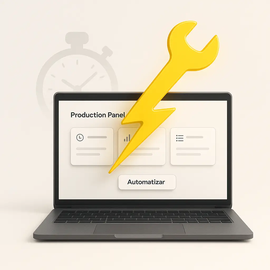 Conceptos básicos con un portátil, panel de producción y una llave‑rayo amarilla sobre la pantalla; cronómetro al fondo.
