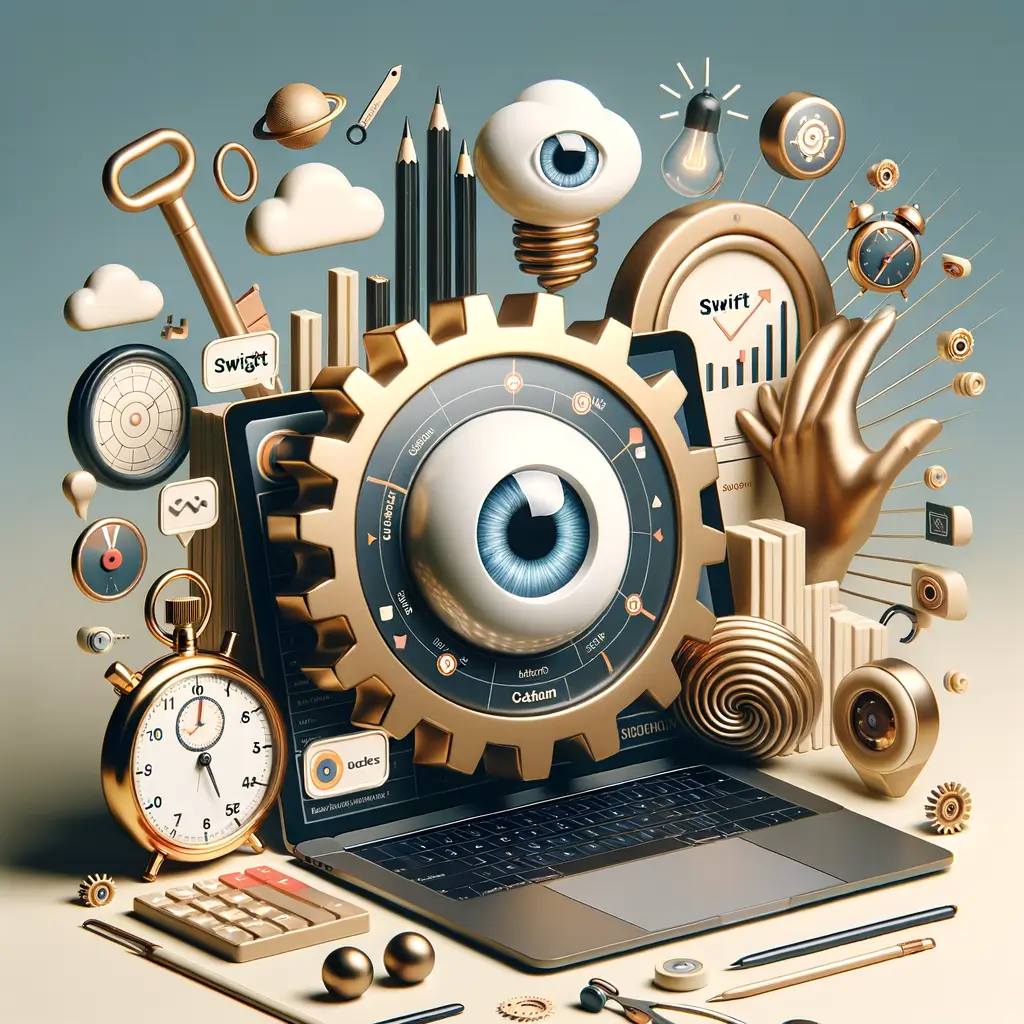 Comparativa con portátil y engranaje amarillo con ojo, cronómetro y gráficos en estilo corporativo surreal.