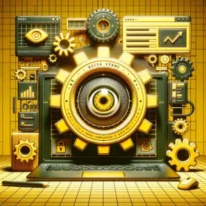 Portátil con engranaje amarillo y ojo central en pantalla, rodeado de gráficos e interfaces; luz de estudio. Tendencias