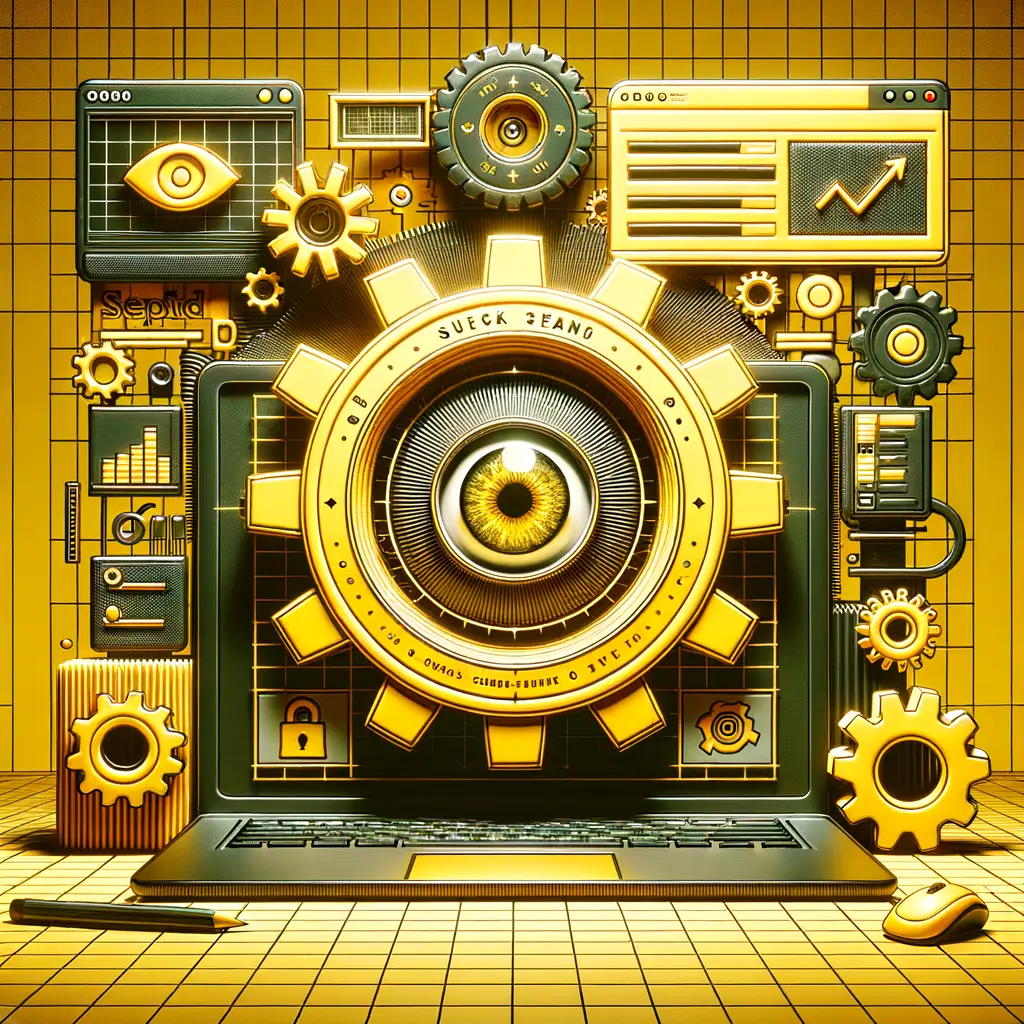 Portátil con engranaje amarillo y ojo central en pantalla, rodeado de gráficos e interfaces; luz de estudio. Tendencias