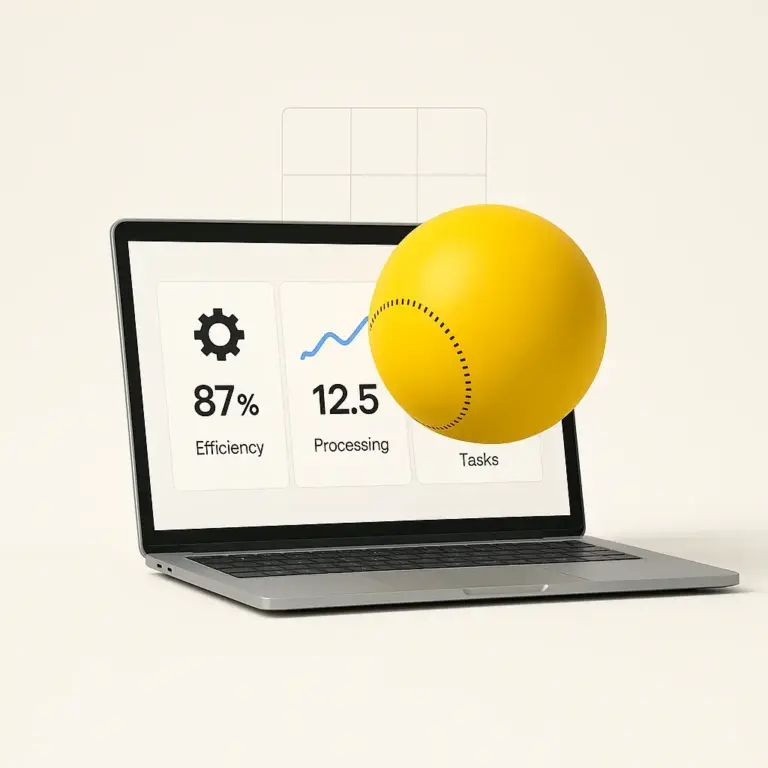 Portátil con KPIs en pantalla y esfera amarilla atravesándola; Ventajas del software a medida.