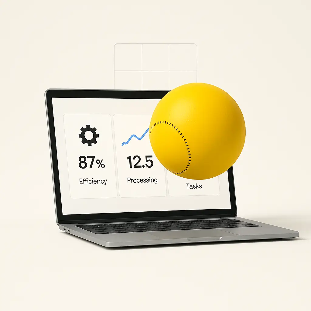Portátil con KPIs en pantalla y esfera amarilla atravesándola; Ventajas del software a medida.