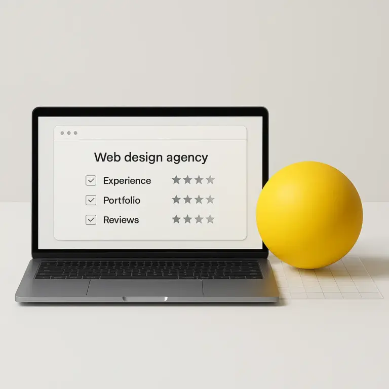 Agencias evaluadas en un portátil con interfaz minimalista y esfera amarilla decorativa