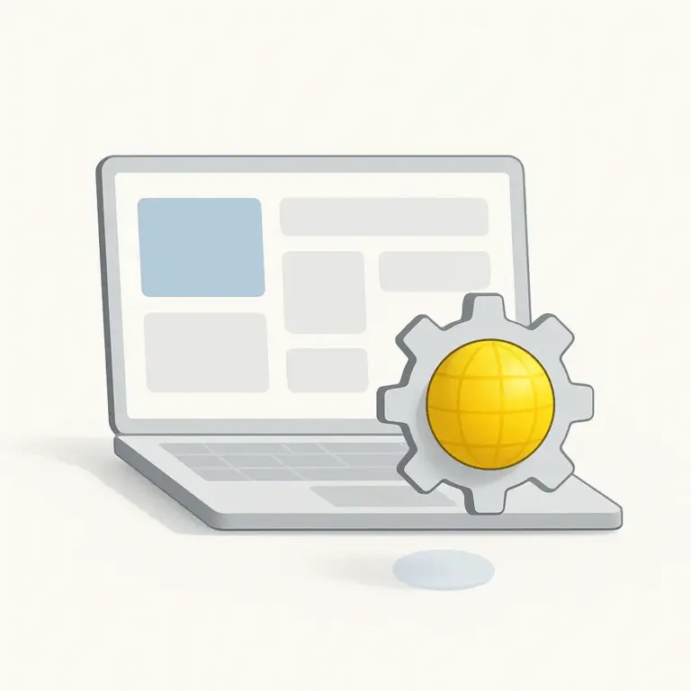 Coste representado con un portátil minimalista y un engranaje con esfera amarilla.